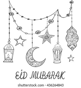 Tema de Eid Mubarak. Bonita tarjeta de felicitación, elementos de doodle. Fiesta tradicional musulmana. Ilustración vectorial dibujada a mano con linternas, luna, estrellas y letras.  