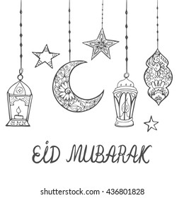 Eid mubarak theme. Beautiful greeting card, doodle elements. Muslim traditional holiday. Hand drawn vector illustration with flashlights, moon,  stars and lettering.  