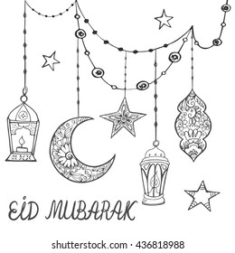 Eid mubarak theme. Beautiful greeting card, doodle elements. Muslim traditional holiday. Hand drawn vector illustration with flashlights, moon,  stars and lettering.  