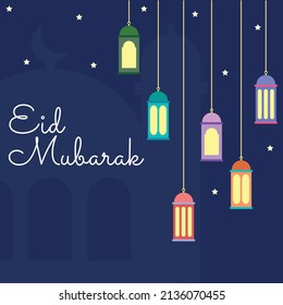 eid mubarak tema azul color de fondo ilustración con linternas coloridas en la silueta de la mezquita diseño de vector plano