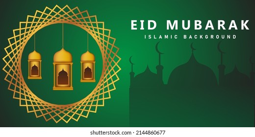 an eid mubarak themed background with a green and black color gradient background, and there are some Islamic ornaments in it