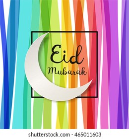 Eid Mubarak (traditional Muslim greeting)   festive design with paper moon and calligraphy on colorful background. Vector illustration.