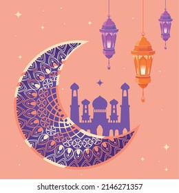 eid mubarak traditional temple and moon