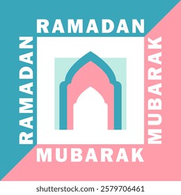 Eid Mubarak trendy geometric poster, Islamic square greeting card with a Mosque arch silhouette in pastel teal, pink, white colors on abstract background with Ramadan Kareem text and bold modern shape