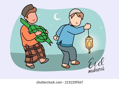 Eid Mubarak. Two kids bring steamed diamond shaped rice and lantern on Ramadan or celebrating Eid mubarak. Islamic kids Book Illustration, Landing page, Banners, Social media.