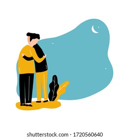 Eid mubarak with two men hugging