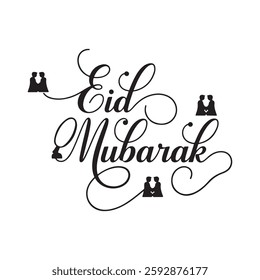 eid mubarak typography calligraphy silhouette vector design islamic festival illustrations with mosque