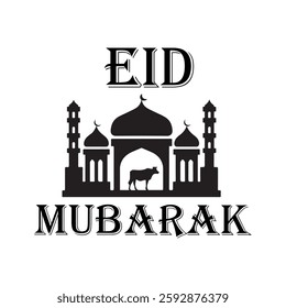 eid mubarak typography calligraphy silhouette vector design islamic festival illustrations with mosque