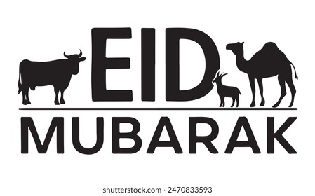 Tipografía de Eid Mubarak con ilustraciones de vacas, camellos y cabras