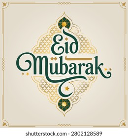 Eid Mubarak Typography Design - Elegant Green Calligraphy with Golden Islamic Geometric Patterns and Ornate Border