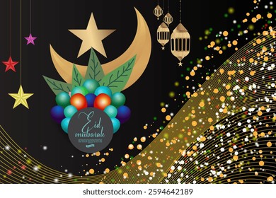 Eid Mubarak typography design with Eid Mubarak greetings and Eid Mubarak wishes in a beautiful festive background featuring Islamic calligraphy and Ramadan elements for a joyful celebration
