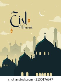 Eid Mubarak typography with green greeting card Illustration, Ramadan Kareem Wishing for Islamic festival for digital banner, poster template background. vector illustration