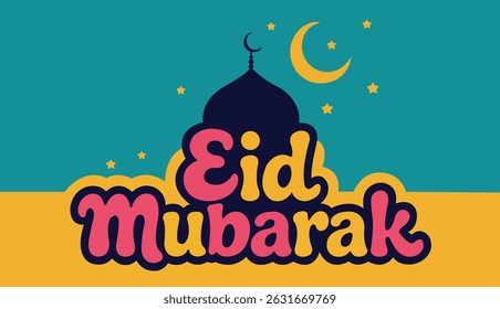 Eid Mubarak Typografie Grußdesign mit Moschee und Mond, bunte Eid Mubarak Grußdesign, festliche Eid Wünsche Grafikkunst, Islamisches Festival für muslimische Vektorgrafik.