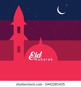 Tipografía de Eid Mubarak. Diseño islámico. Con la luna, la estrella y la mezquita