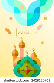 Eid Mubarak - Typography line art, arabic calligraphy with Mosque background bauhaus style.