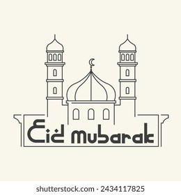 Eid Mubarak Typografie mit Moschee-Liniendesign. Religiöser Feiertag. Kreative Idee und Konzept Design Eid Mubarak. Eid Fitr, Eid Adha.