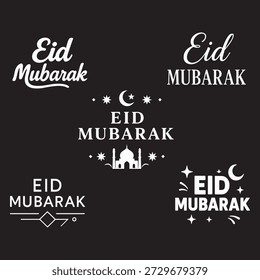 Eid Mubarak typography set with crescent moon, mosque, and festive icons