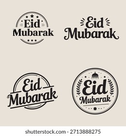 Conjunto de Vector de tipografía Eid Mubarak con estrellas e ícono de mezquita