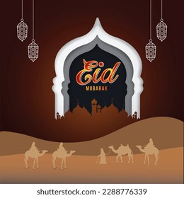 Eid Mubarak with Unique Design Dark Brown Background with Camel, Vector Art