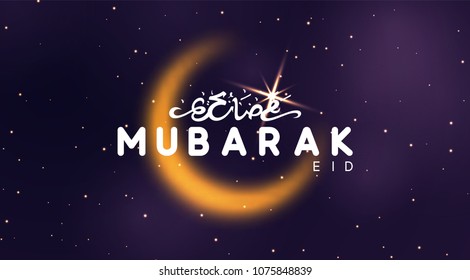 Eid Mubarak vector background. Arabic calligraphic text of Ramadan Kareem. Night view starry sky bright moon, light half a month. Design greeting card, banner, poster. Traditional Islamic holy holiday