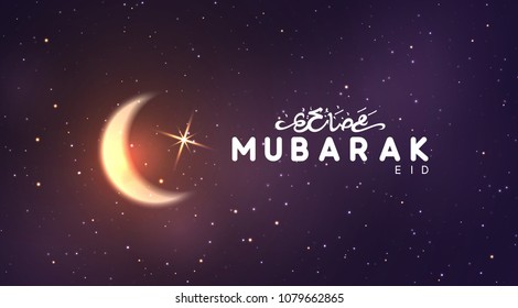 Eid Mubarak vector background. Arabic calligraphic text of Ramadan Kareem. Night view starry sky bright moon, light half a month. Design greeting card, banner, poster. Traditional Islamic holy holiday