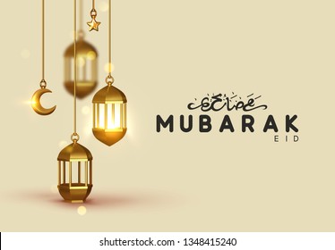 Eid Mubarak vector background. Design arabian gold vintage lantern, golden crescent moon. Arabic calligraphic text of Ramadan Kareem. Greeting card, banner, poster. Traditional Islamic holy holiday