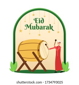 Eid mubarak Vektor Hintergrund für Grußkarte. Social Media Post und Inhalt. flacher Illustrationsstil mit muslim man und drum.