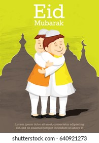 Eid Mubarak Vector Background with Happy Muslim Kids Hugging and Wishing for Islamic festival for banner, poster, background, flyer, abstract, greeting card, brochure and sale background