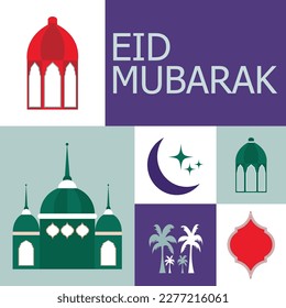 Tarjeta vectorial Eid Mubarak. Tarjeta de bienvenida geométrica de estilo moderno con diseños retro boho. Tarjeta Eid con lámpara, mezquita, palmeras, marco, tipografía y luna creciente con estrellas