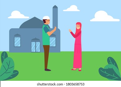 Eid Mubarak vector concept: Muslim couple greeting each other without touching at the mosque yard