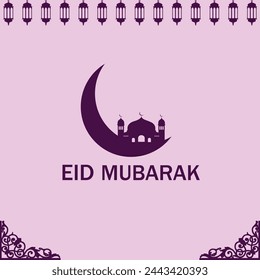 Eid mubarak vector design art. Eid mubarak card design. Eid mubarak illustration. Eid card of purple color.