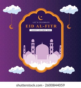 Eid mubarak vector design with cloud mosque for eid celebration.