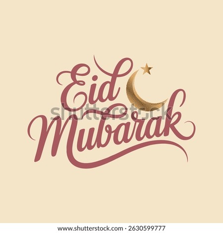 Eid Mubarak Vector Design - Elegant Script, Stars, Crescent Moon, Islamic Holiday Typography Illustration, Islamic Greeting, Handwritten Festive Eid Lettering, Light Background.