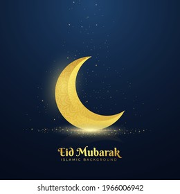 Eid Mubarak vector design greeting card background. Eid al Fitr illustration with golden crescent, glitter particles. Suitable for Ramadan concept, Islamic celebration templates.