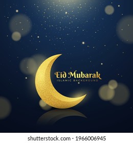 Eid Mubarak vector design greeting card background. Eid al Fitr illustration with golden crescent, glitter particles. Suitable for Ramadan concept, Islamic celebration templates.