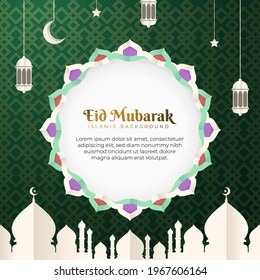 Eid Mubarak vector design greeting card background. Eid al Fitr illustration in a paper-cut style with mosque, crescent, lantern, Arabesque ornament. Suitable for Islamic celebration templates.