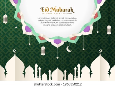 Eid Mubarak vector design greeting card background. Eid al Fitr illustration in a paper-cut style with mosque, crescent, lantern, Arabesque ornament. Suitable for Islamic celebration templates.