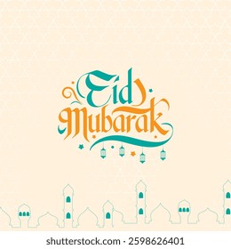 Eid Mubarak Vector Design with Islamic Background and Lanterns.