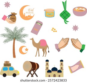 Eid Mubarak Vector elements with Islamic or Arabic culture such as Zakat,  Special Eid Food, Ketupat, Curry, Cookies, Pineapple tart, Camel, forgiving hands, car, drum, mosque, prayer mat, and other. 