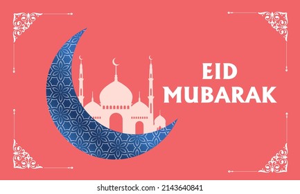 Diseño de tarjeta de saludo vectorial Eid Mubarak con mezquita. Antecedentes de las festividades musulmanas