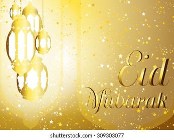Eid Mubarak vector greeting card with silhouette of mosque. Vector multicolor background.  Creative design concept for muslim holiday. for Eid al-Adha and Eid al-Fitr Al-Hijra holidays. Gold yellow.