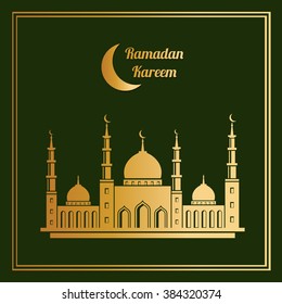 Eid mubarak vector greeting card design with mosque. Muslim holiday background