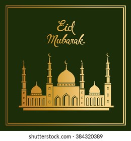 Eid mubarak vector greeting card design with mosque. Muslim holiday background