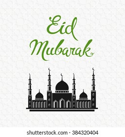 Eid mubarak vector greeting card design with mosque. Muslim holiday background