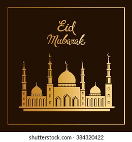 Eid mubarak vector greeting card design with mosque. Muslim holiday background
