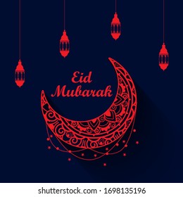 Eid mubarak vector greetings design with lantern hanging in white crescent moon in dark background. Vector illustration