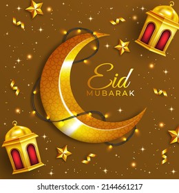 Eid mubarak vector greetings design with lantern in gold crescent moon and star in dark background. Vector illustration design