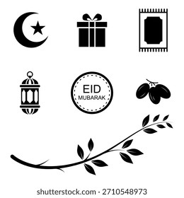 Eid Mubarak vector icons set, perfect for various celebratory design projects. This collection features a crescent moon with a star, a gift box, prayer mat, lantern, the Eid Mubarak message, dates