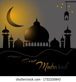 Eid Mubarak vector illustation with gold mosque. Eid Mubarak greeting Card. 