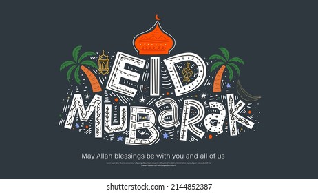 Diseño de fondo de ilustración vectorial de Eid Mubarak con estilo de dibujo a mano